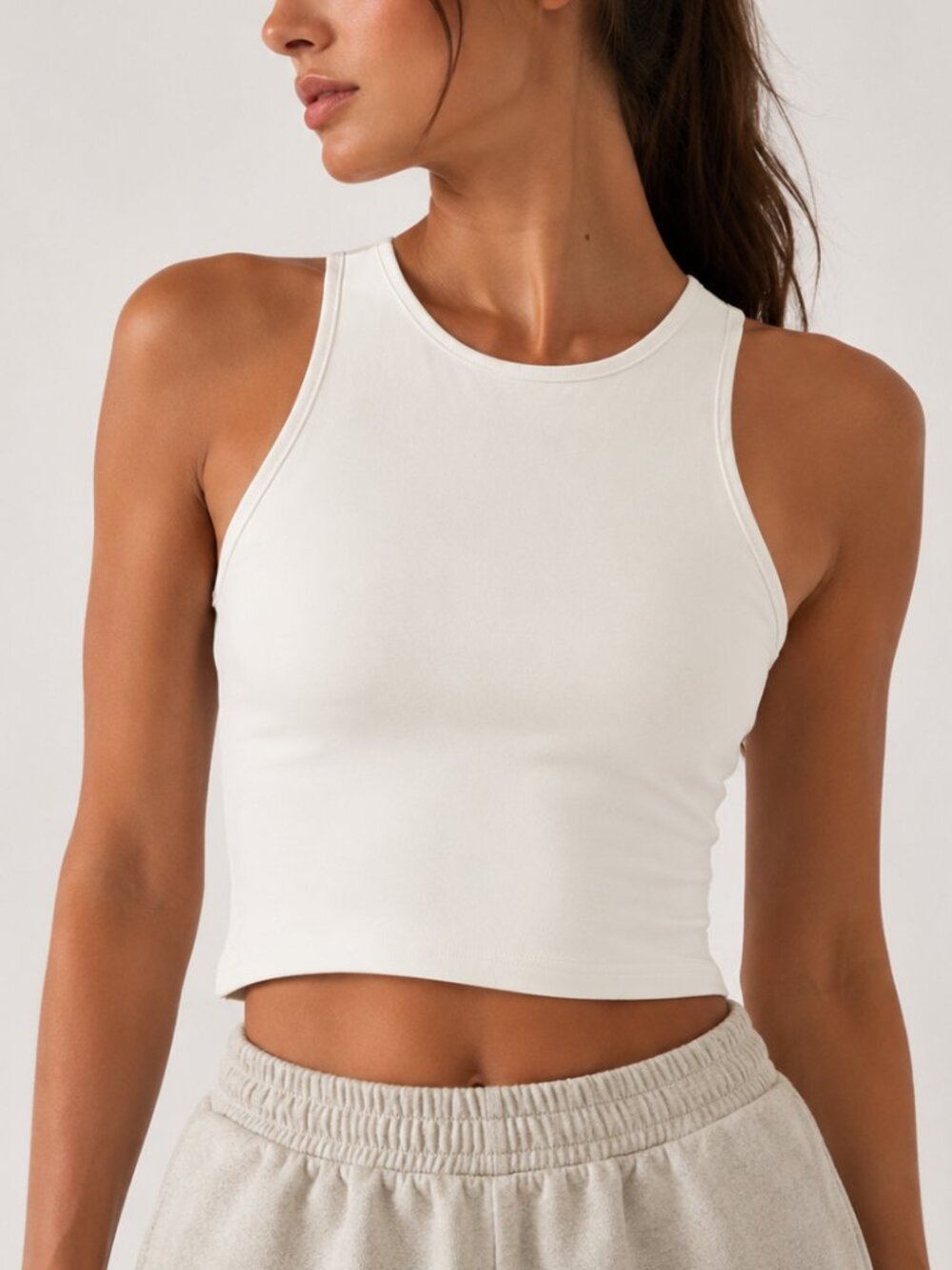 White Minimalist High Neck Crop Tank Top Size M Soft Stretch Basic